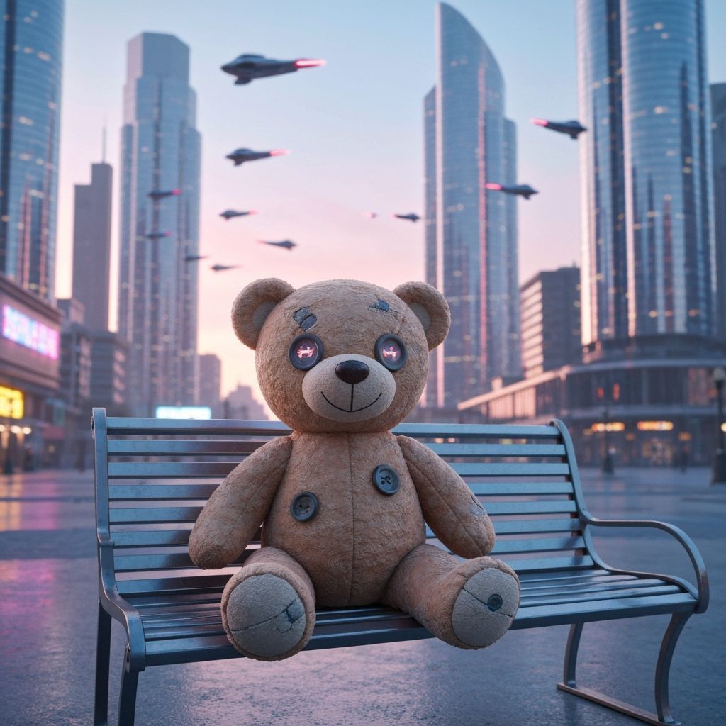 Teddy Bear in Futuristic City Square at Sunset