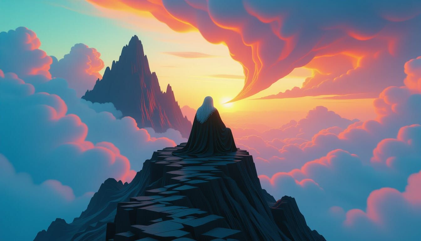 Wise Figure on Mountain Top in Bioluminescent Scene