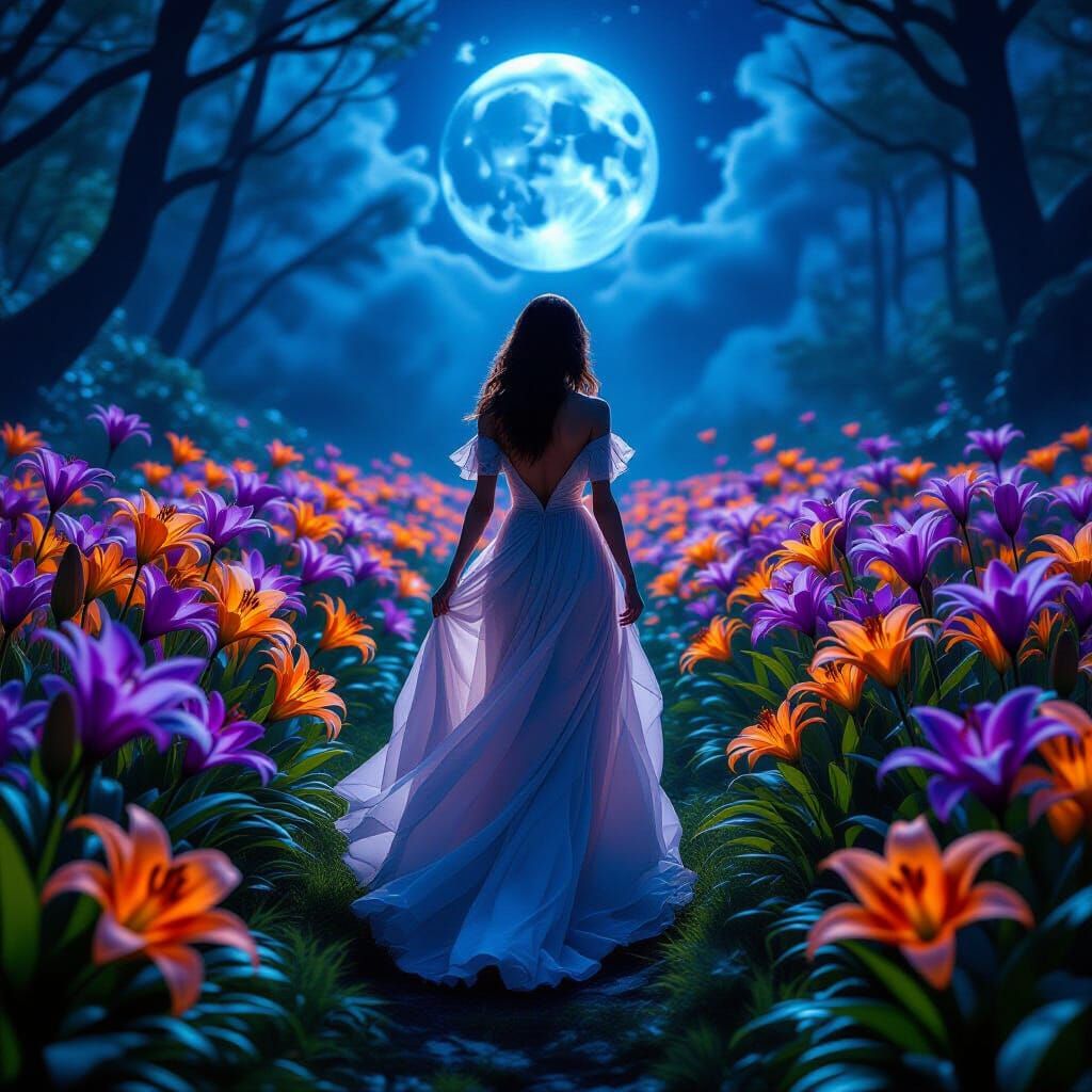 Luminous Lilies in Mystical Moonlight Forest