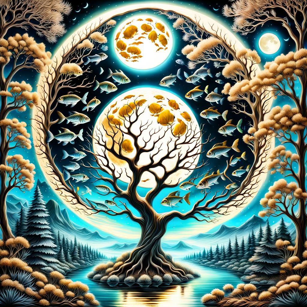 Fantasy Moon with Fish and Glowing River