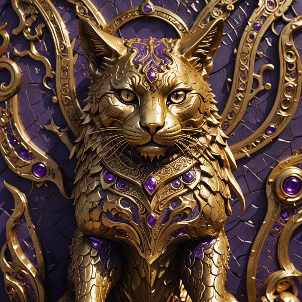 Golden Cat God Statue with Purple Blood