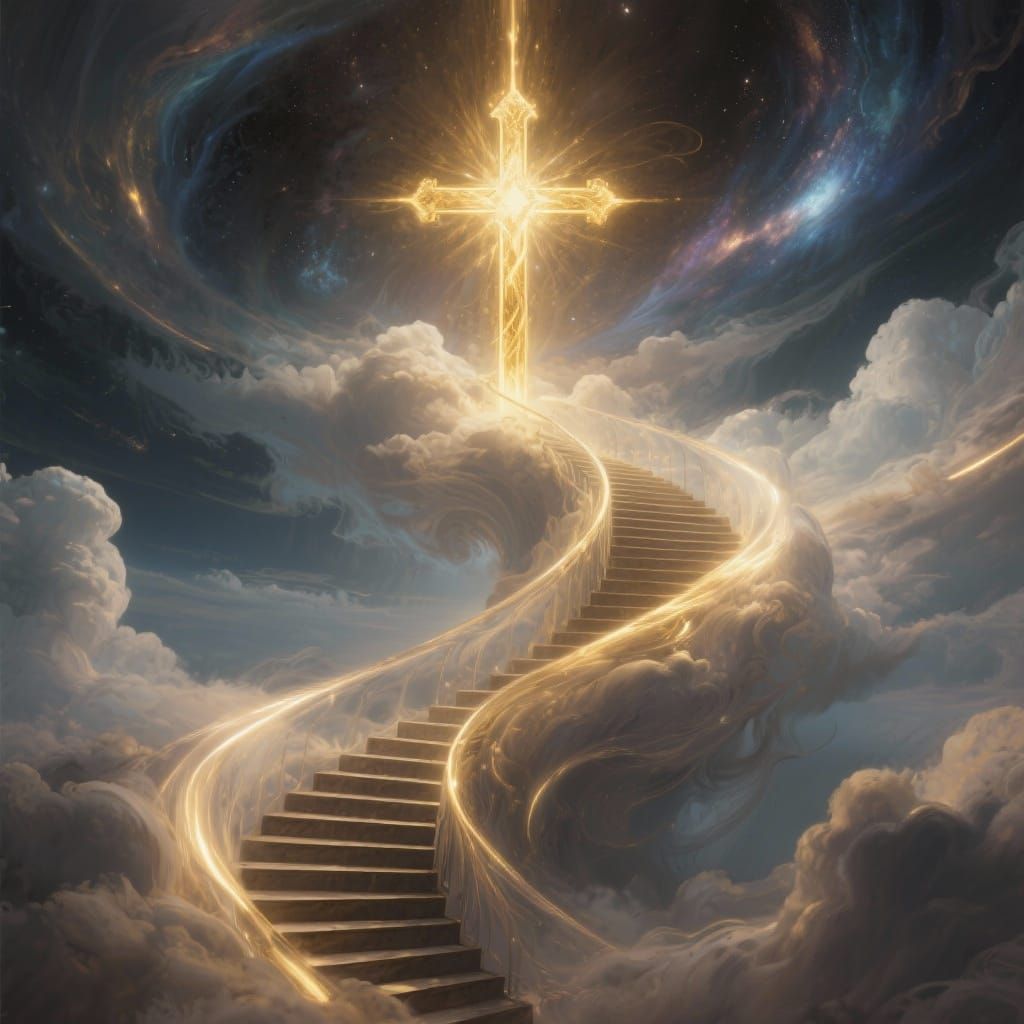 Ethereal Stairway to Radiant Cross in Cosmic Clouds