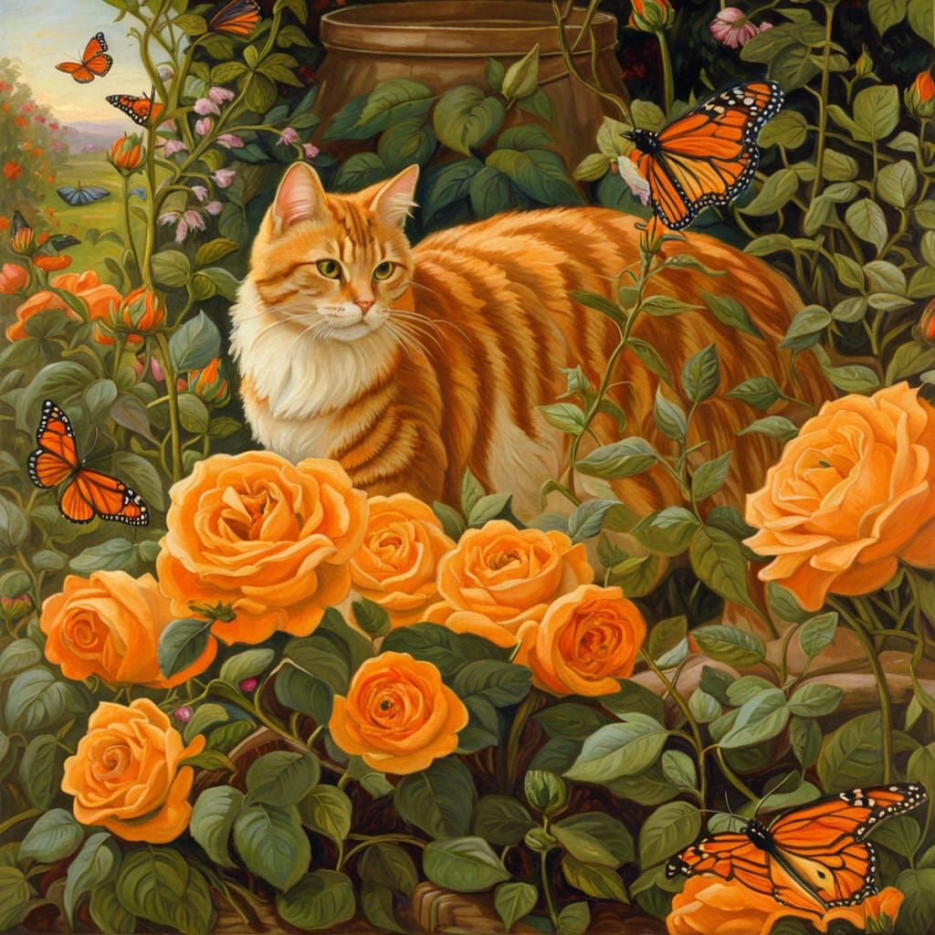 Garden Scene in Waterhouse Style with Roses and Cat