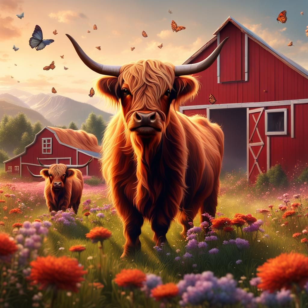 Highland Cows in a Flowery Meadow: Fantasy Concept Art