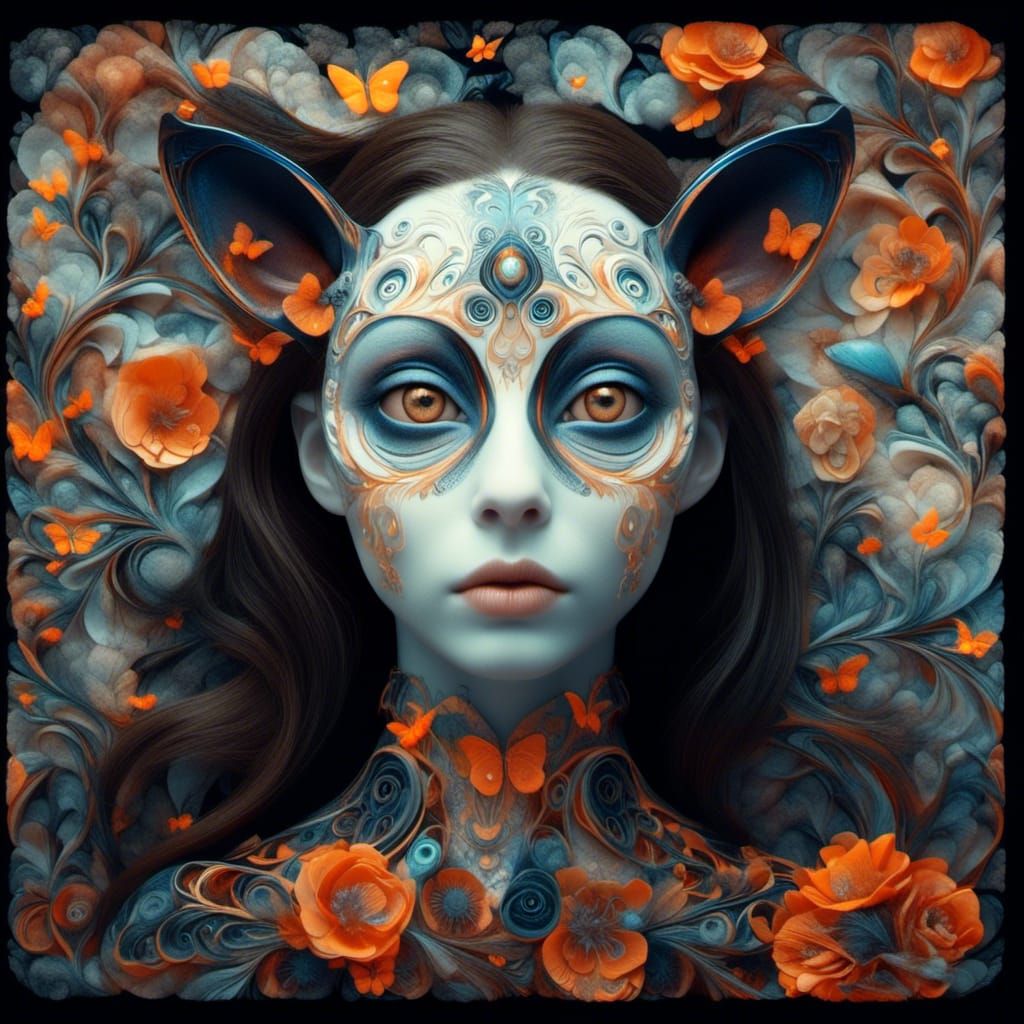 <lora:Blue Period:1.0> a diaphanous cat-like fairy rabbit fe...