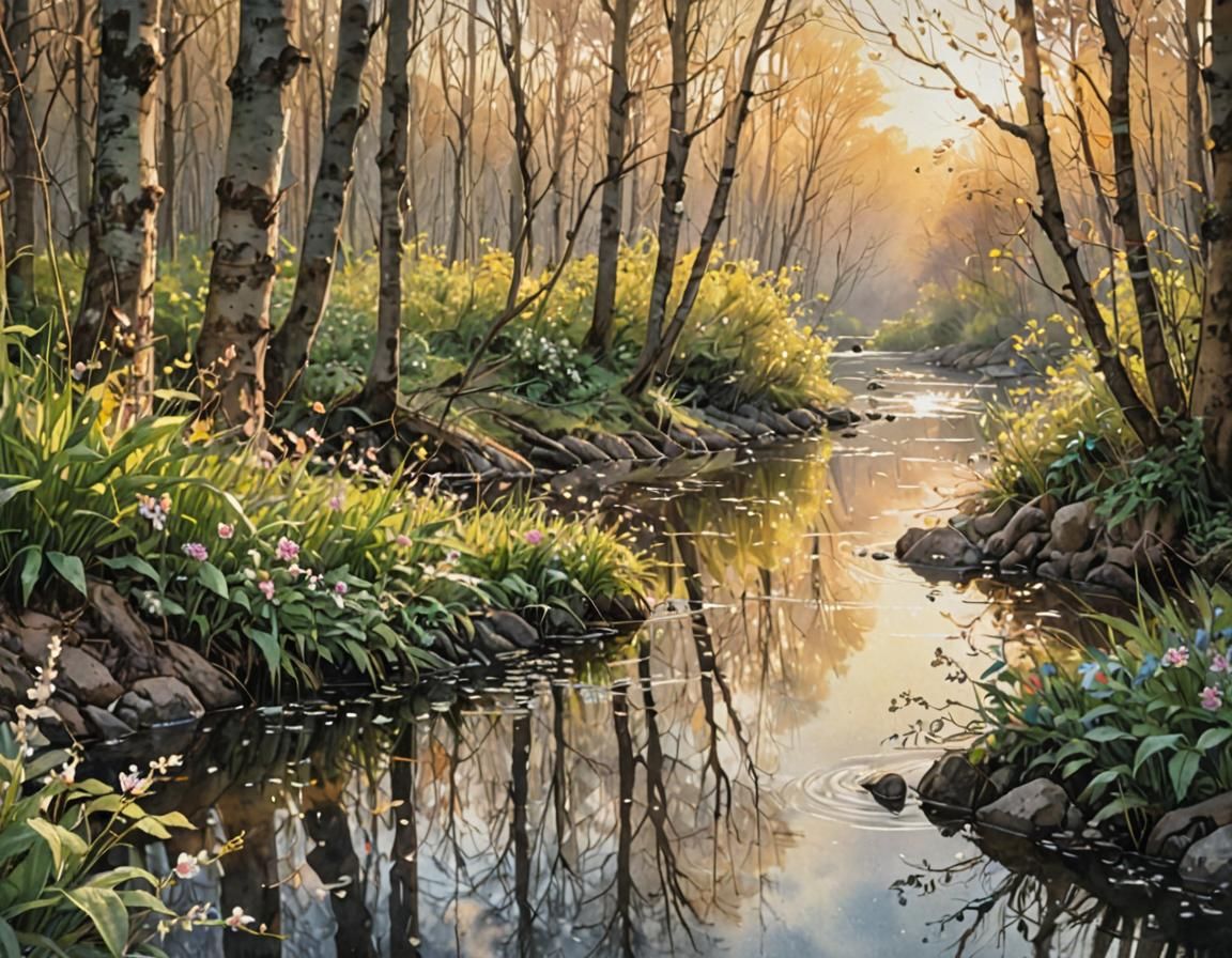 Spring Forest River in Watercolor Style