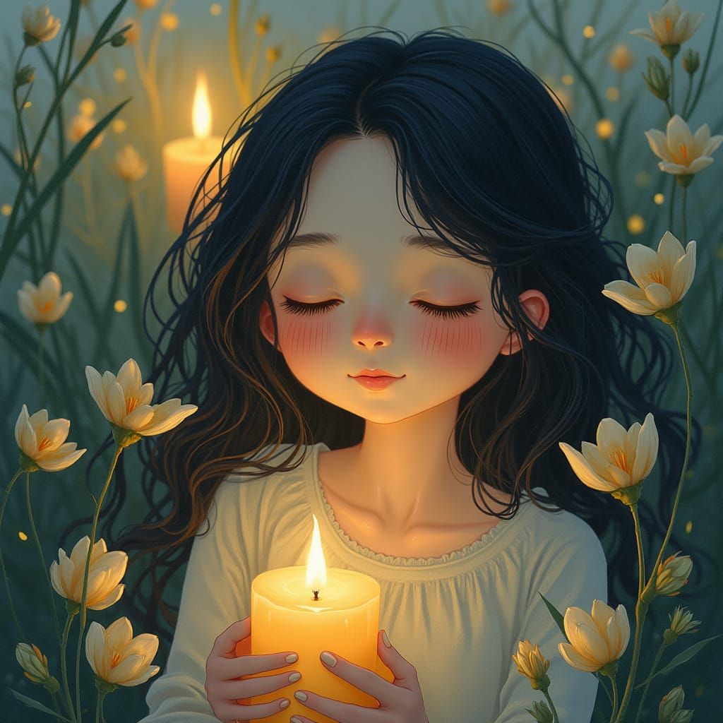 Serene Soul Bathed in Candlelight and Nature