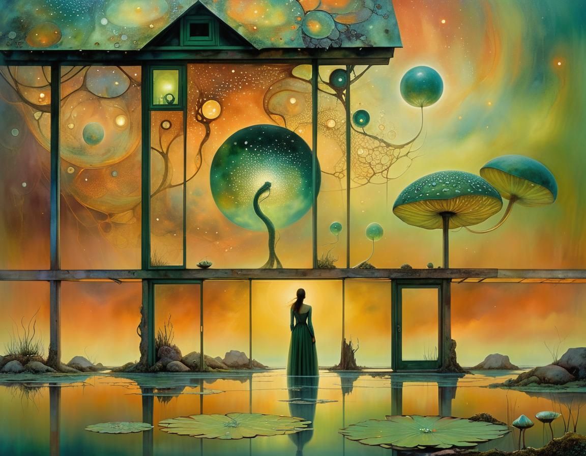Woman Watches Epic Sky Beside Ecoshark in Surrealism
