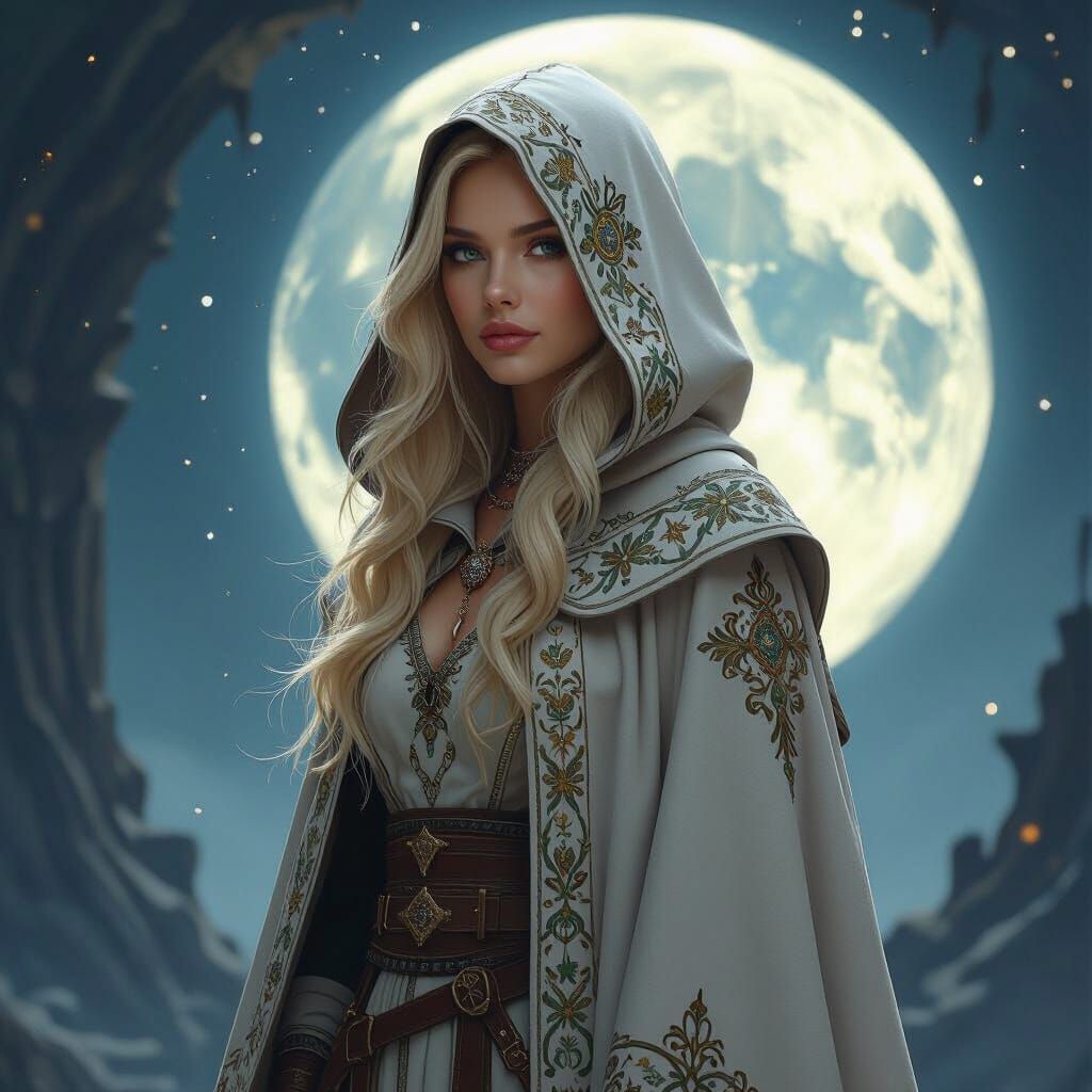 Mystical Aasimar in Moonlit Fantasy Landscape