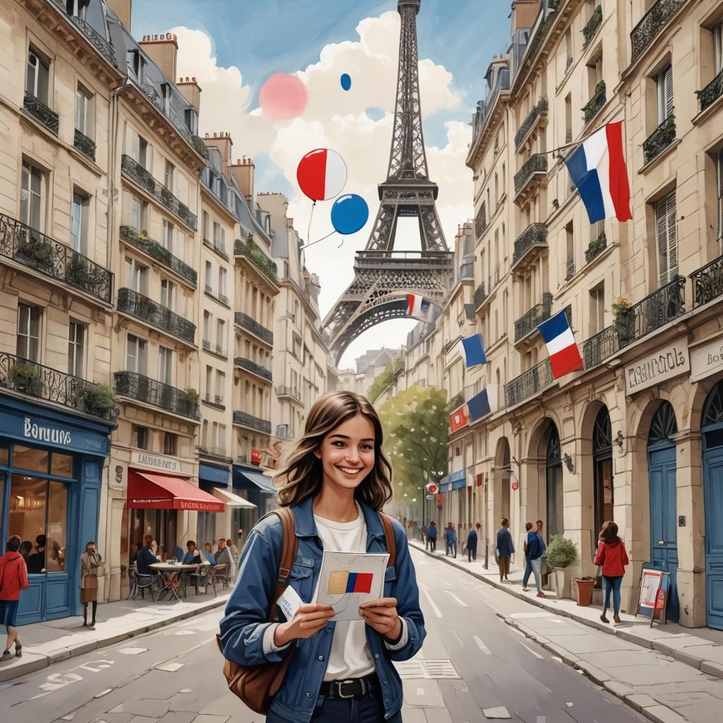 Charming French Student Illustration in Pastel Colors