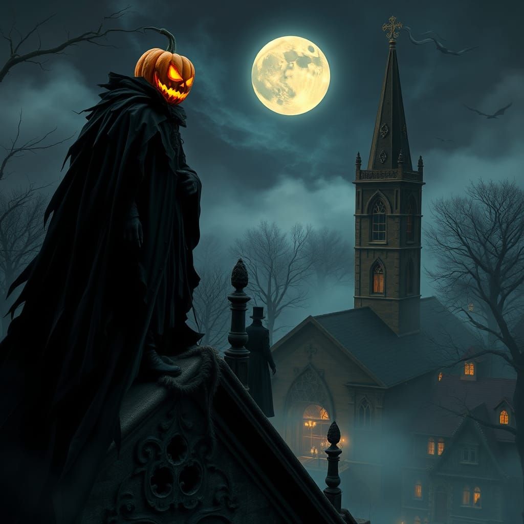 Mystical Pumpkin Figure Greets Vampire Elder in Art Nouveau