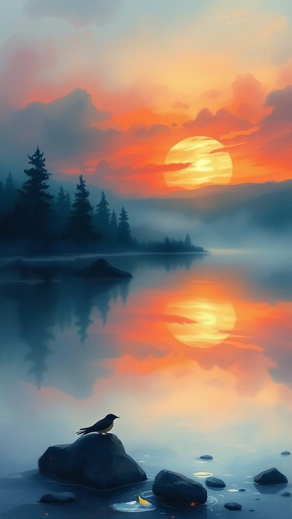 Dreamy Nightingale's Sunset Serenade: Watercolor Fantasy