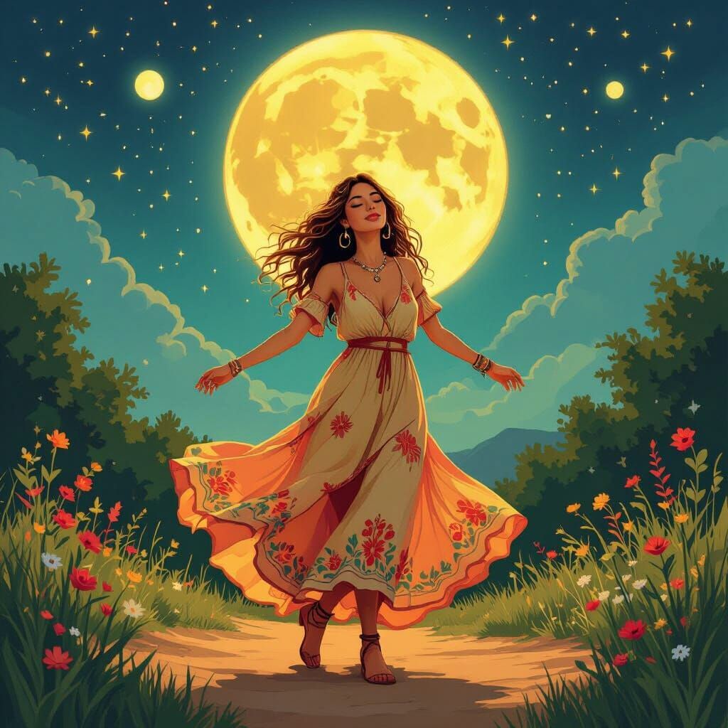Bohemian Woman Dancing Under Sun and Moon