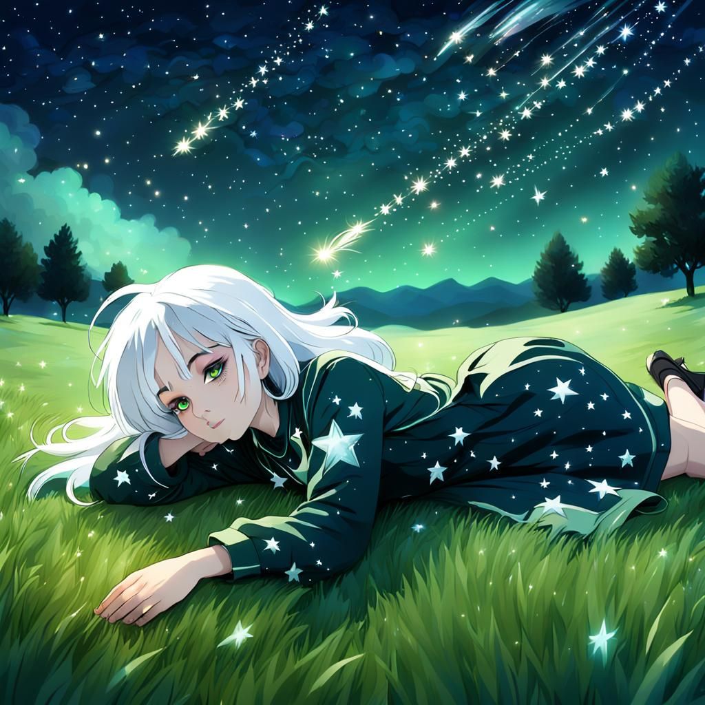 Girl Stargazing at Shooting Stars in Night Sky