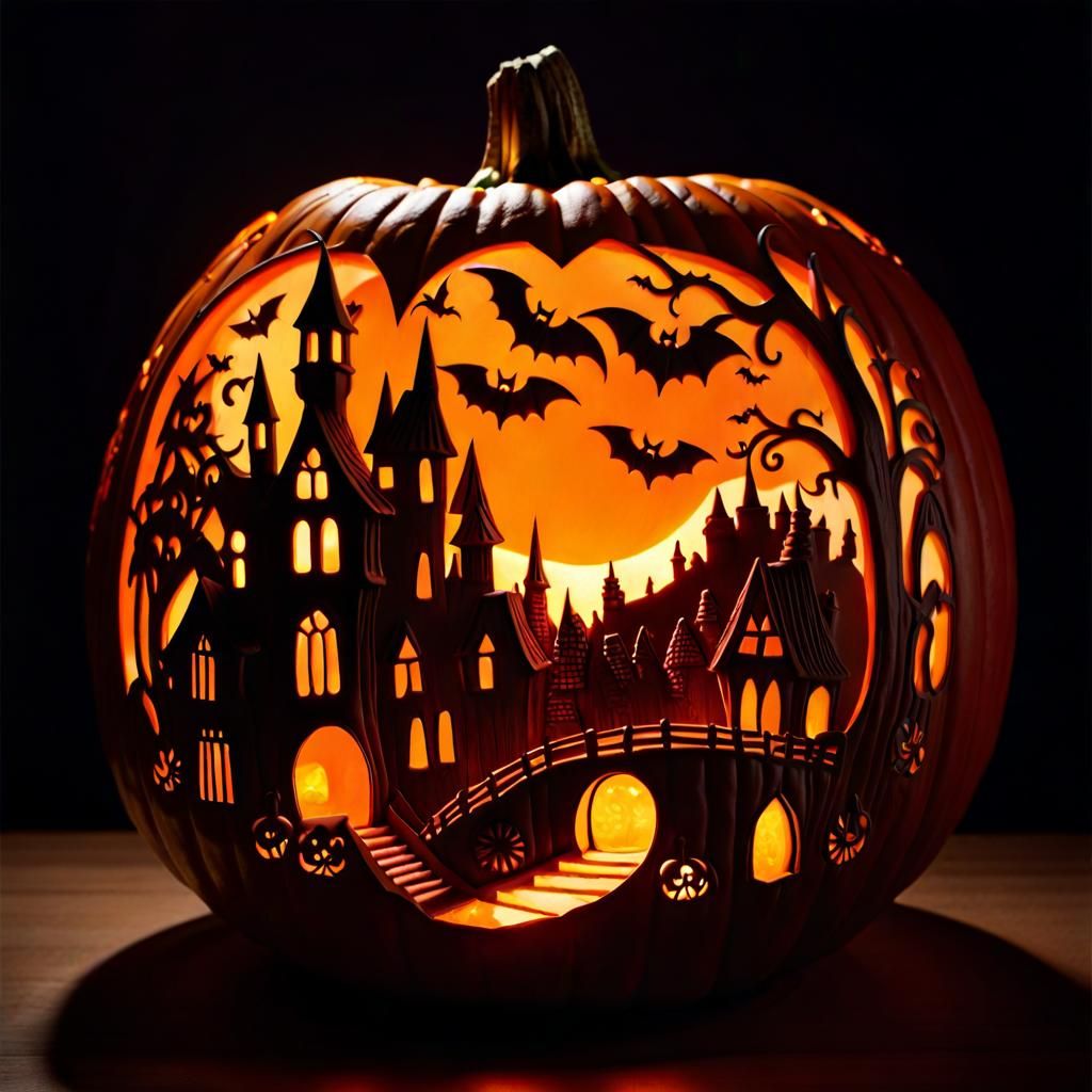 Elven Village Carved in Glowing Pumpkin