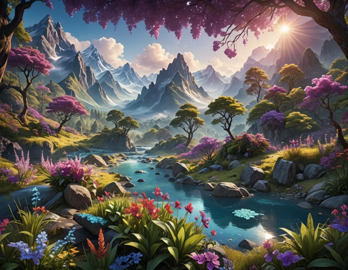 Vibrant Fantasy Landscape with Mountains and Lush Valleys