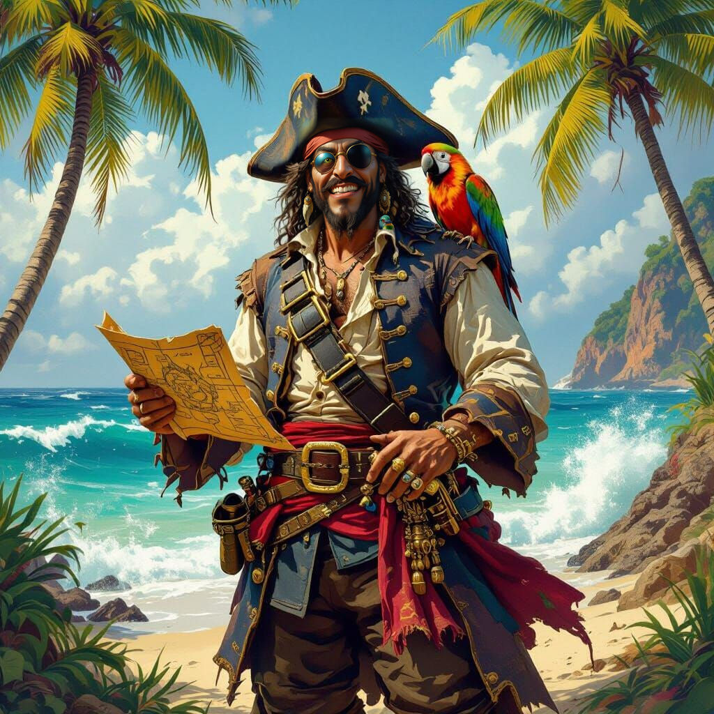 Pirate on Tropical Island in Detailed Matte Painting