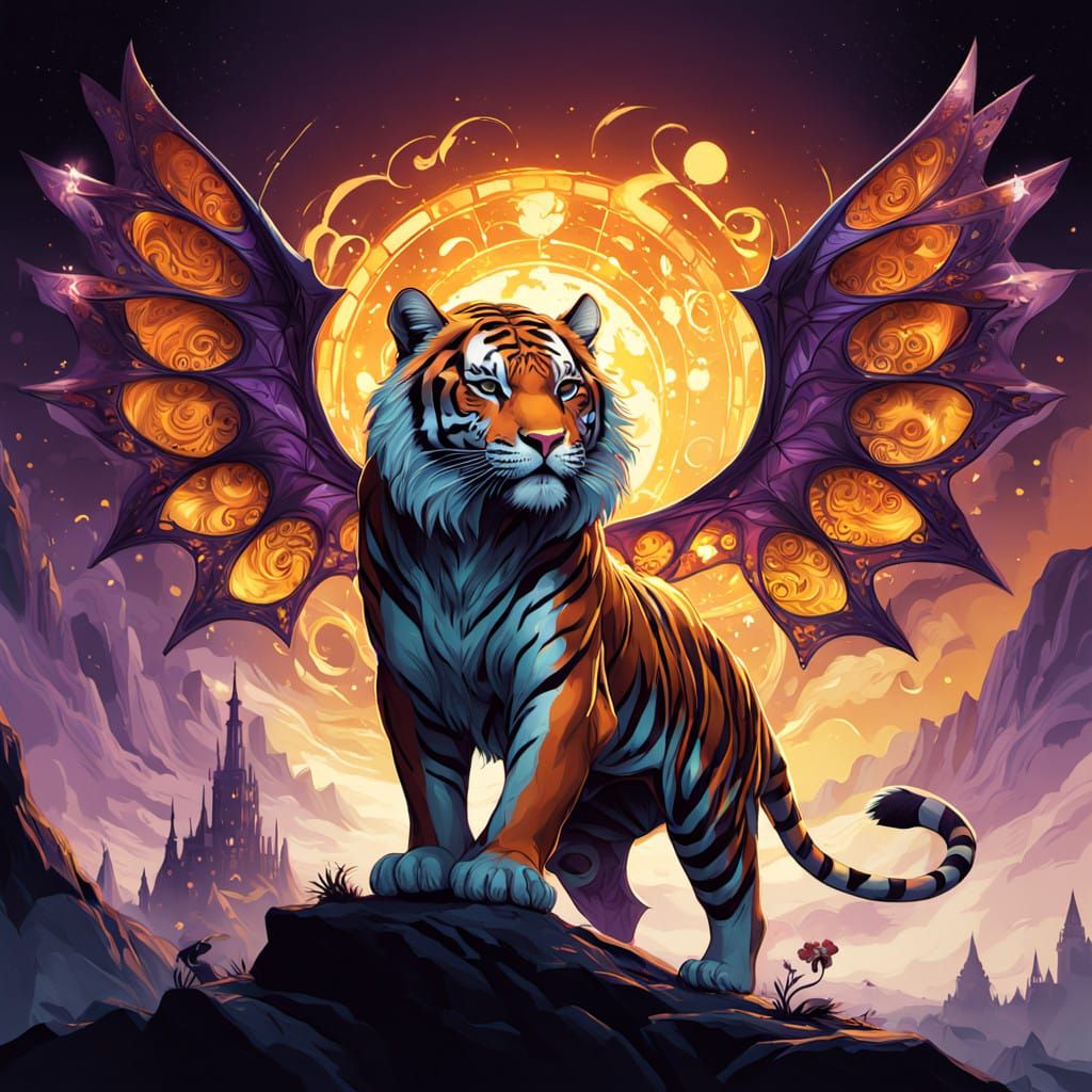 Majestic Tiger with Ethereal Dragon Wings in Vibrant Art Nou...