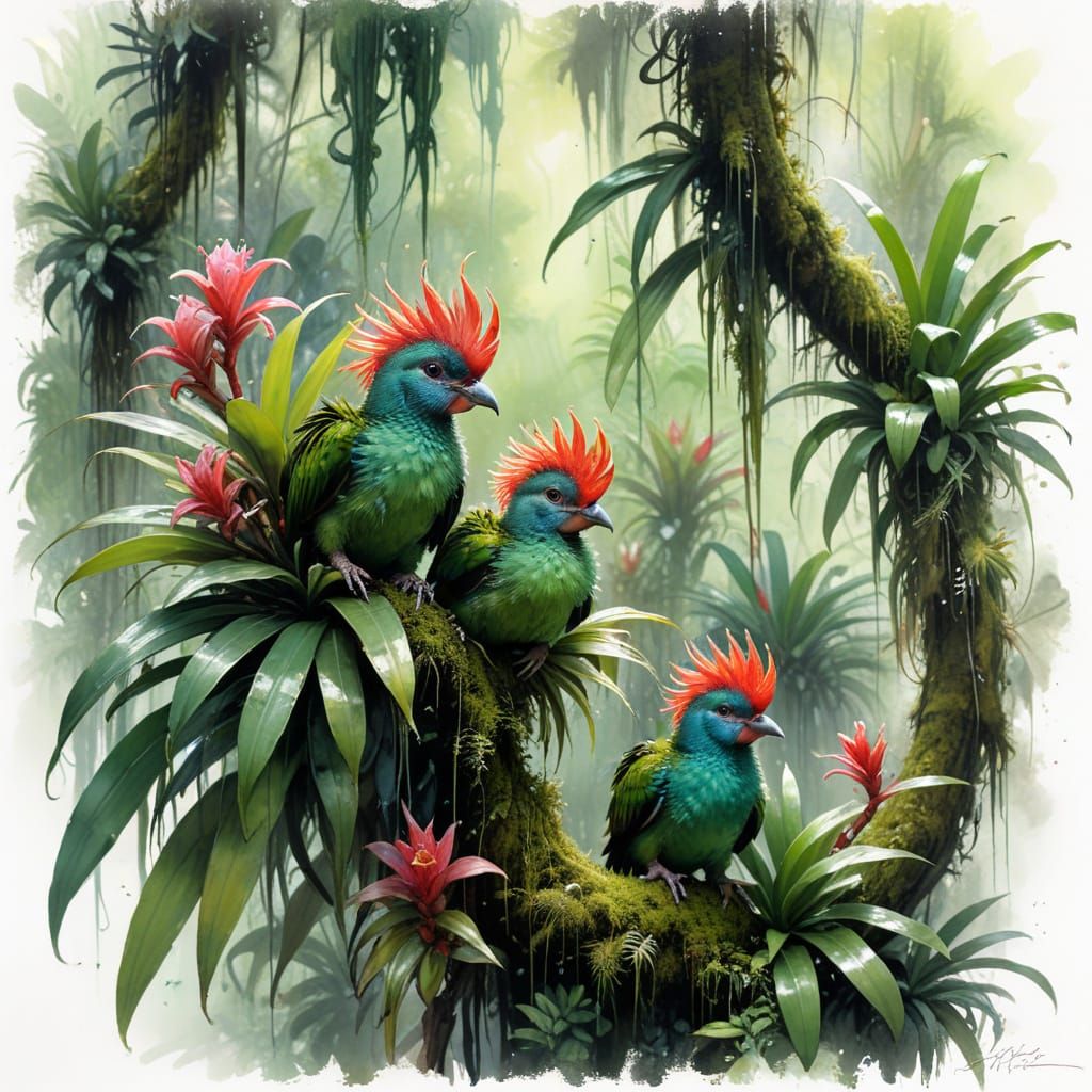 Quetzal Chicks in Emerald Canopy with Jade Wash