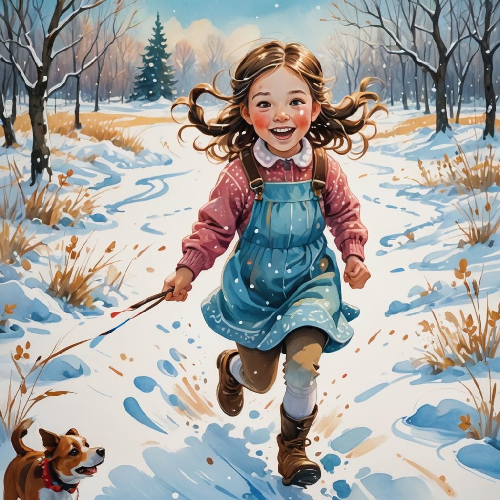 Girl and Puppy in Winter Wonderland Gouache Illustration