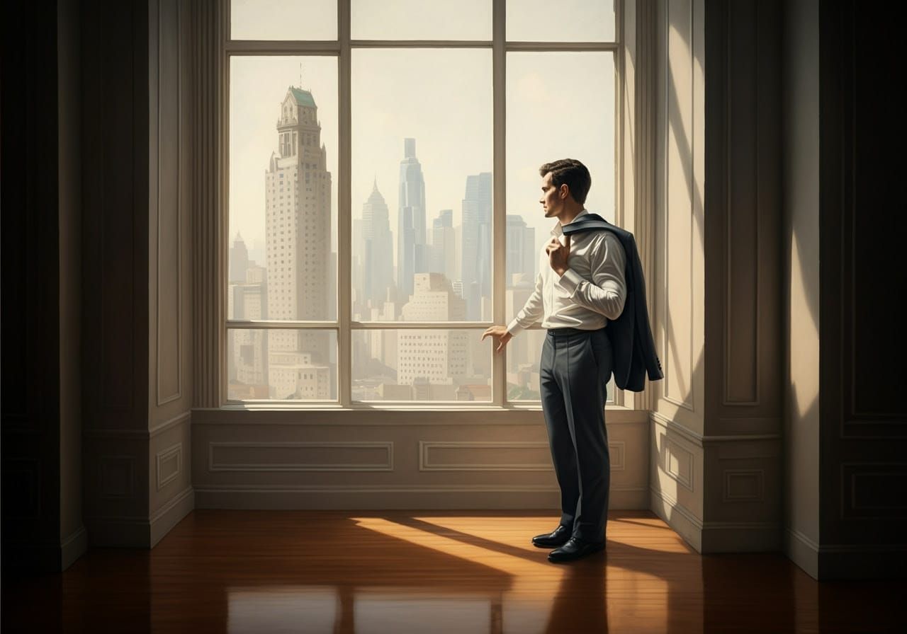 Man in Contemplative Repose Before Timeless Cityscape in Cla...