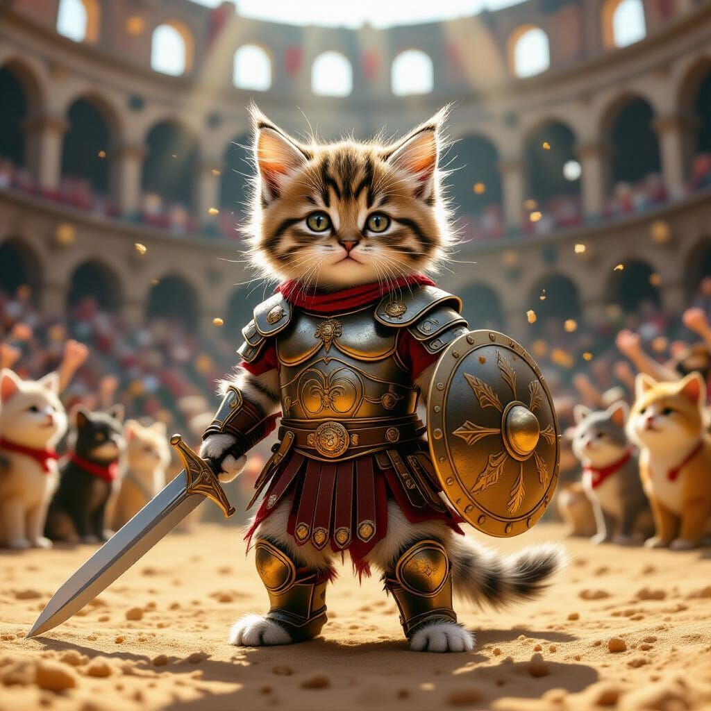 Armored Kitten Gladiator in Roman Coliseum Art