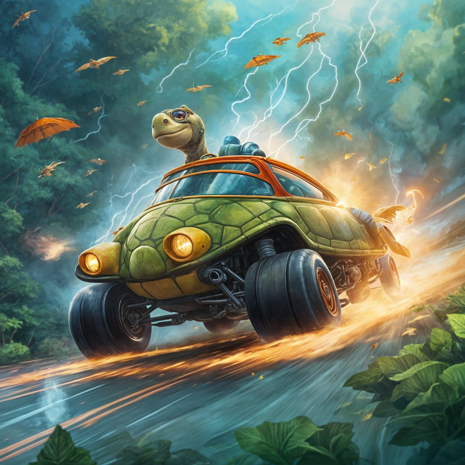 Hilarious Cartoon Turtle Races F1 Car in Dynamic Style