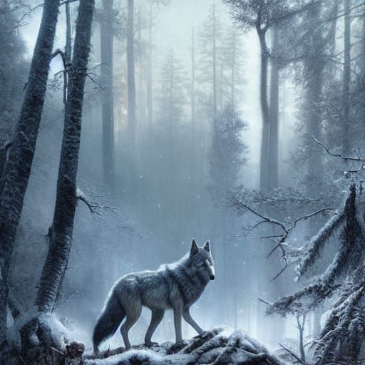 Majestic Wolf in Winter Forest: Digital Matte Painting