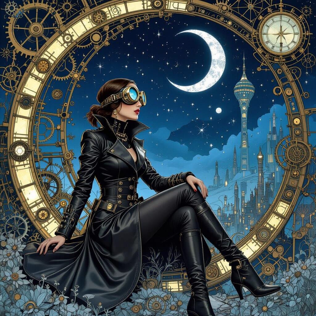 Steampunk Woman Under Ethereal Moonlit Sky
