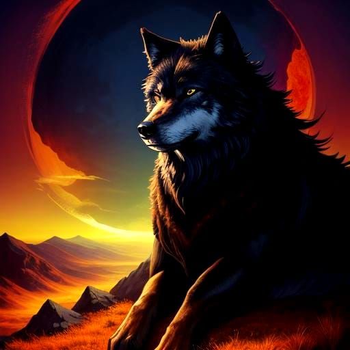 Wolf Howling at Swirling Red and Yellow Moon