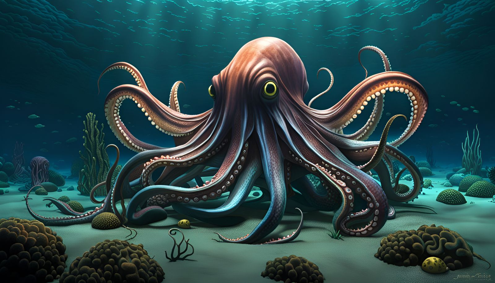 Lovecraftian Kraken on Ocean Floor as Impasto Painting