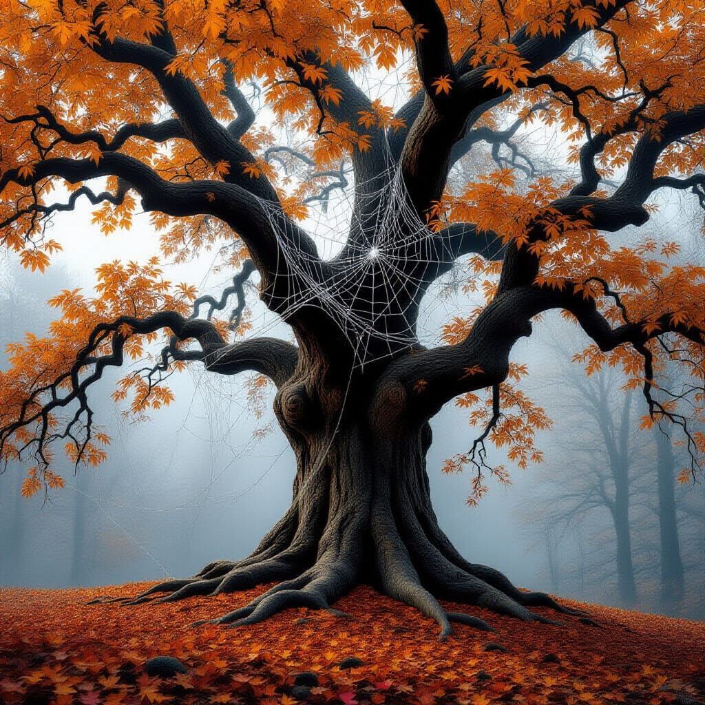 Ancient Oak Tree Covered in Shimmering Spiderwebs