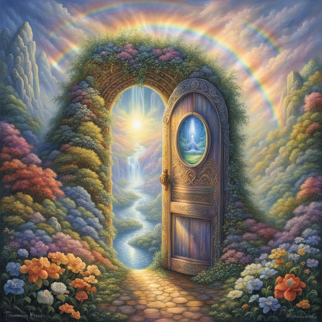 A keyhole in a giant door is a portal to a magical rainbow world. In the style of Josephine Wall ethereal fantasy hyperd...