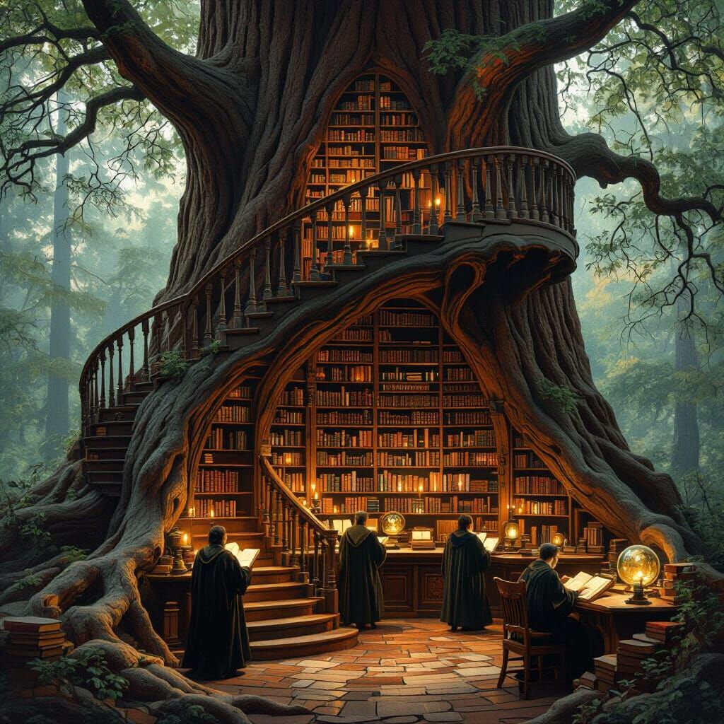 Ancient Redwood Library: Hyperrealistic Oil Painting