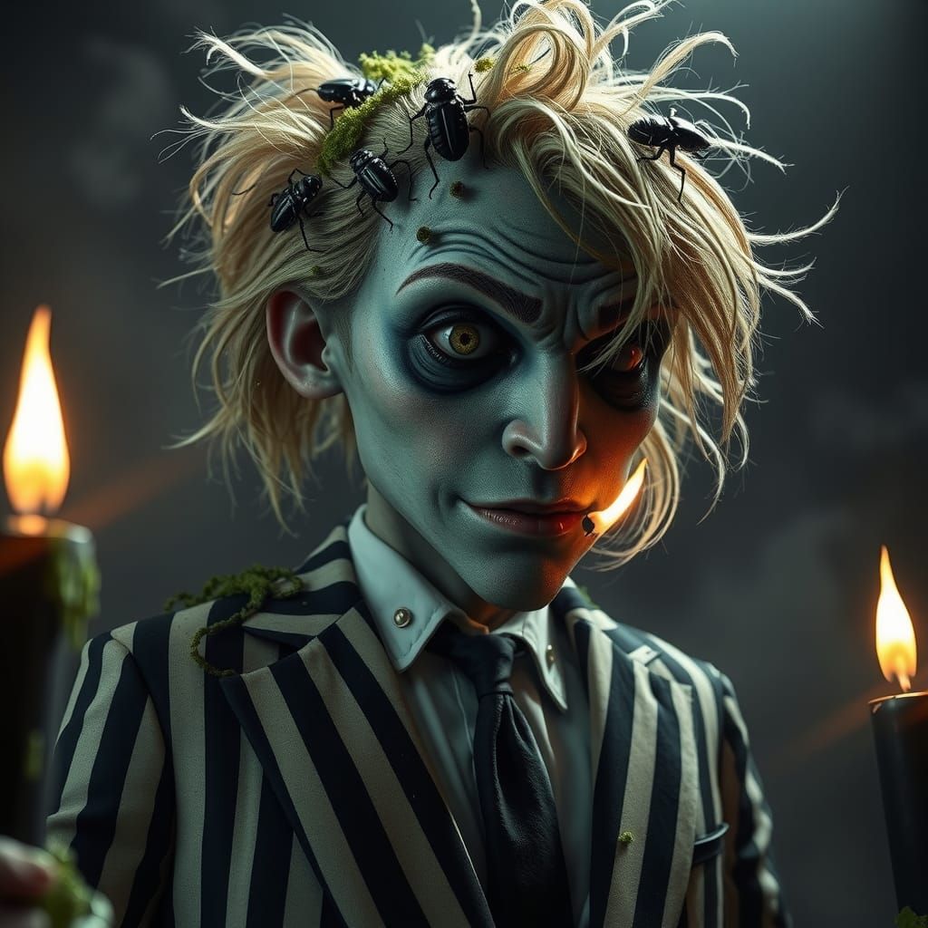 Gothic Ghost: Beetlejuice in a Surreal 3D Rendering