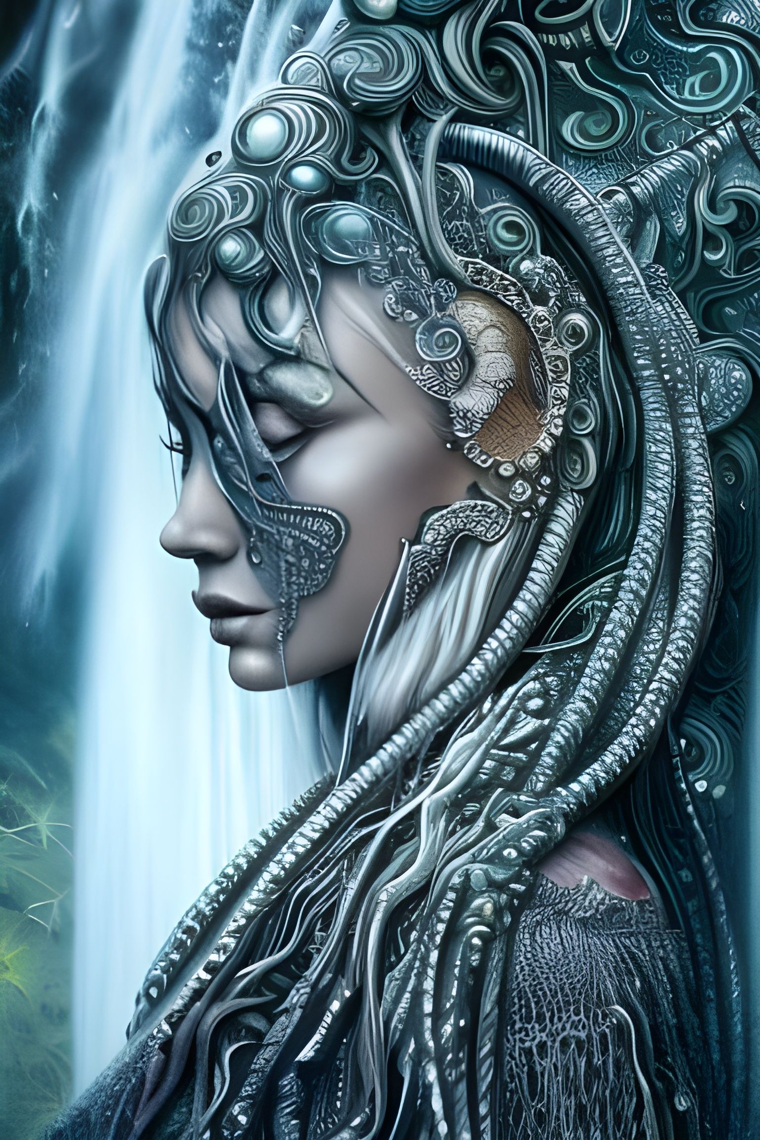 Silver Goddess Under Waterfall: Hyperdetailed Masterpiece