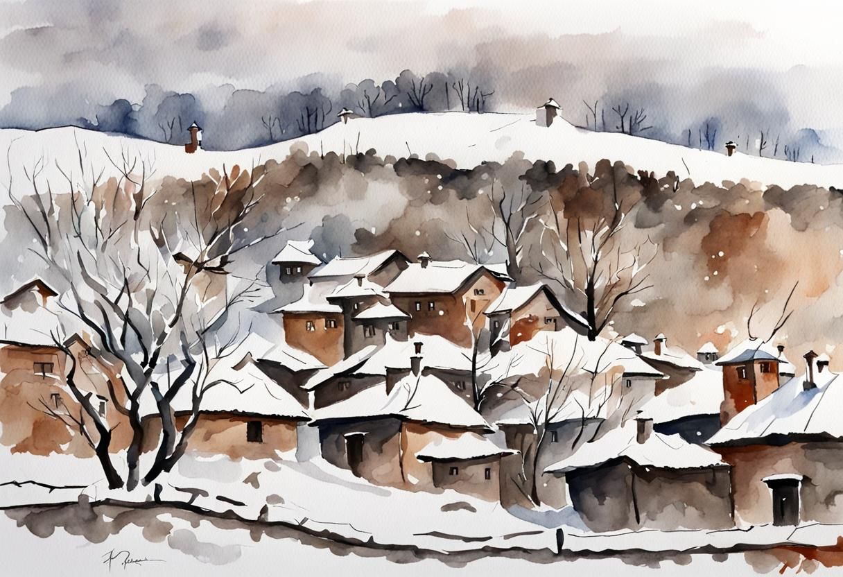 Winter Scene in a Traditional Bulgarian Village