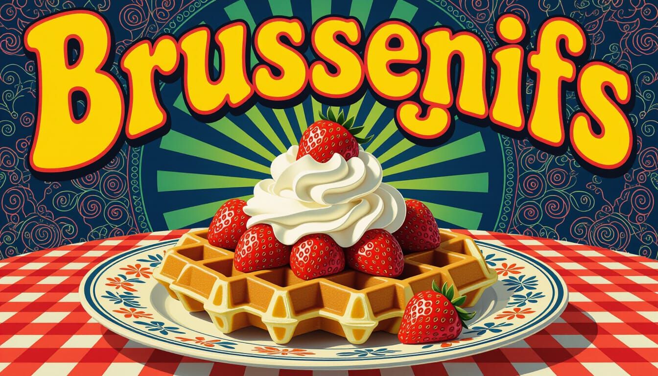 Psychedelic Waffle Art Poster with Strawberries and Cream
