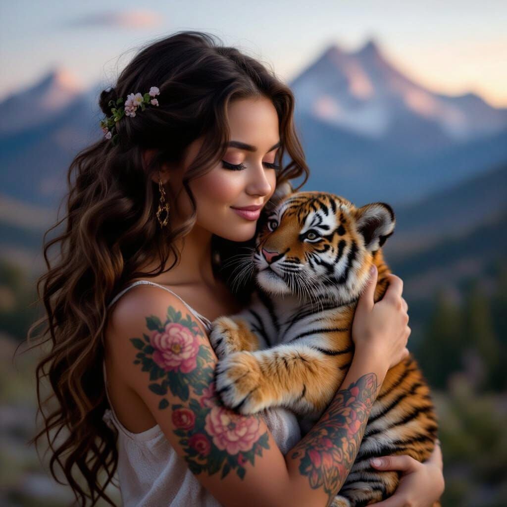 Young Woman Cradles Tiger Cub Amidst Majestic Mountains