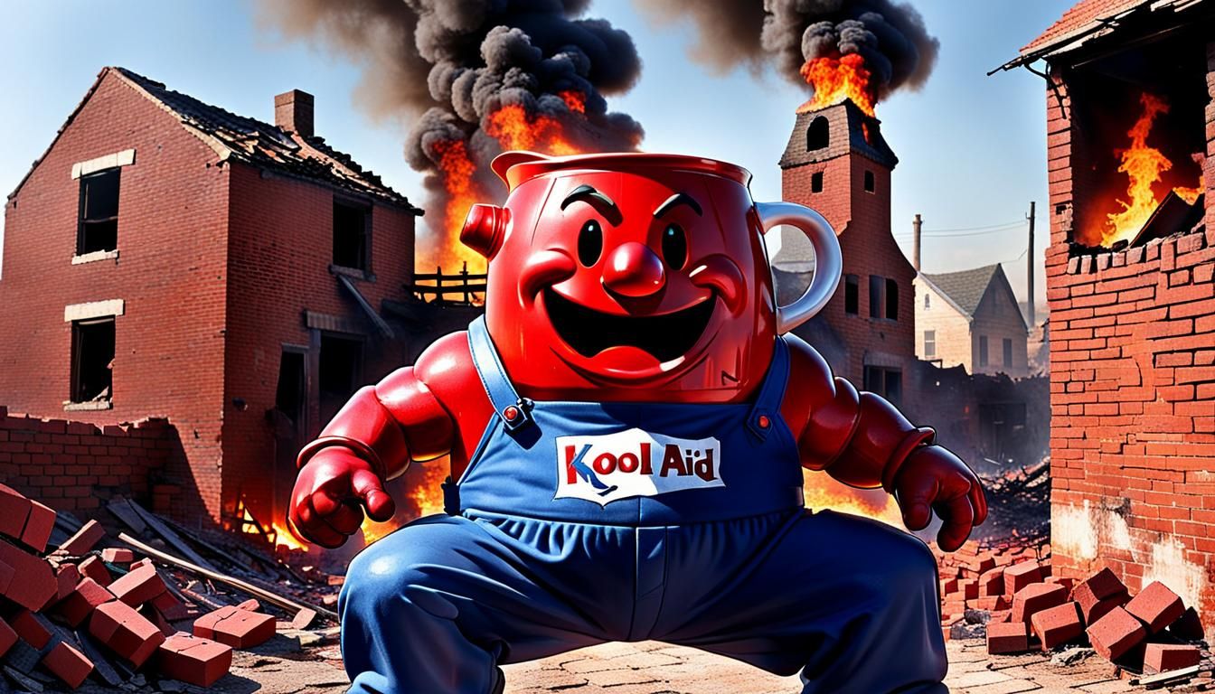 "Kool-Aid Man" pitcher, broken brick walls and village burni...