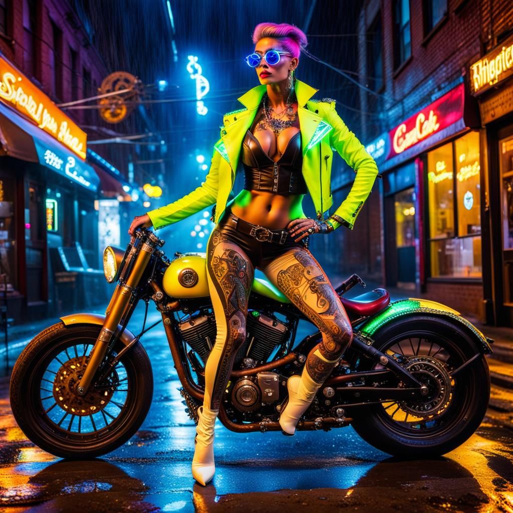 Steampunk Goddess with Neon Tattoos in Rainy City