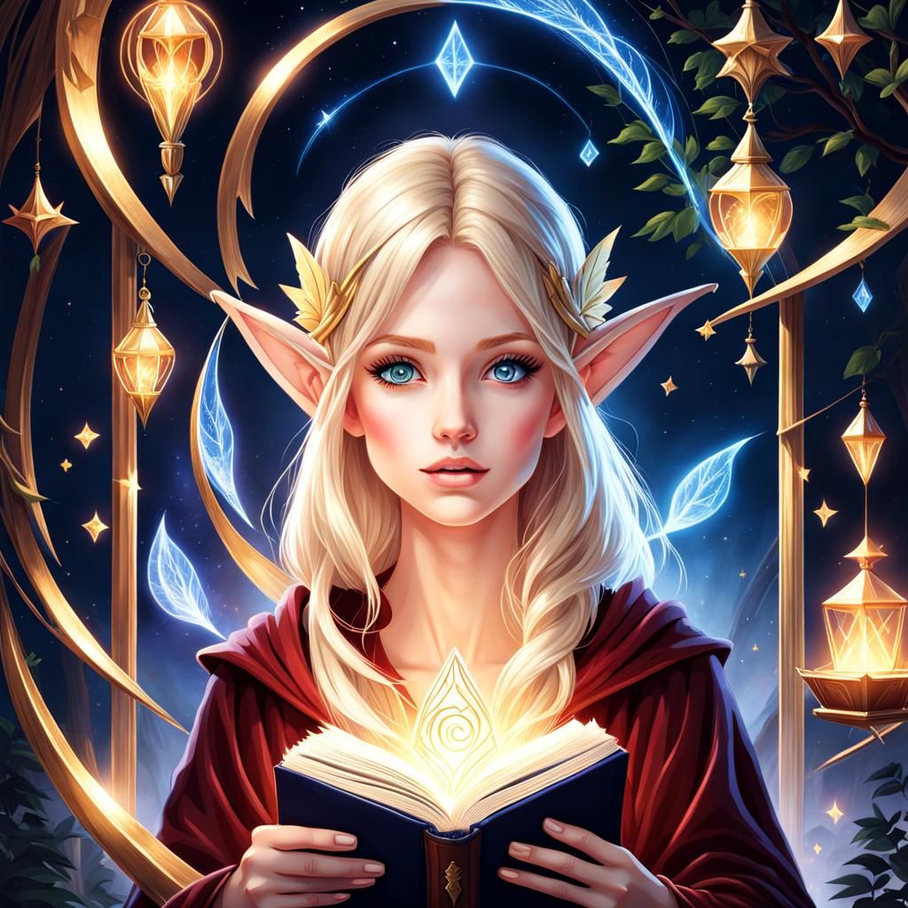 Blonde Elf Girl with Magic Book