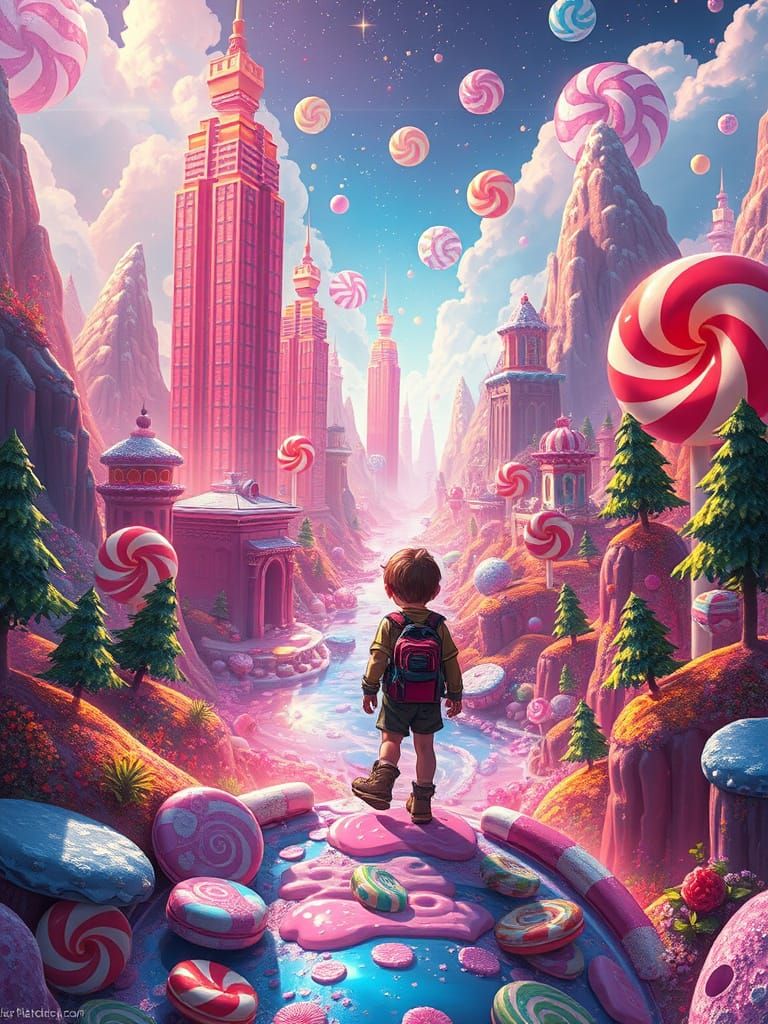 Adventurer Explores Candy World with Lollipop Skyscrapers