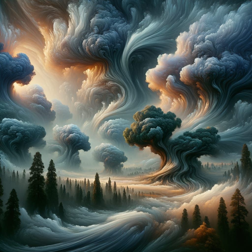 Surreal Foggy Landscape with Ancient Trees