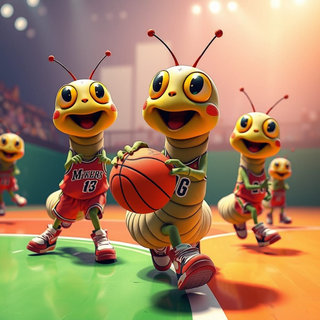 Caterpillars Play Basketball in Vibrant Anime Style