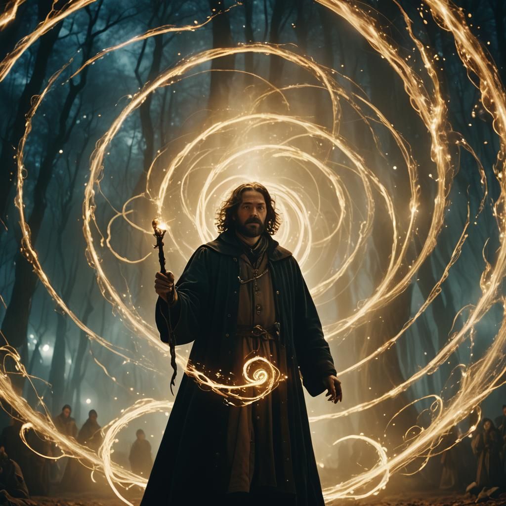 Mysterious Mage Casting Spell in Cinematic Still