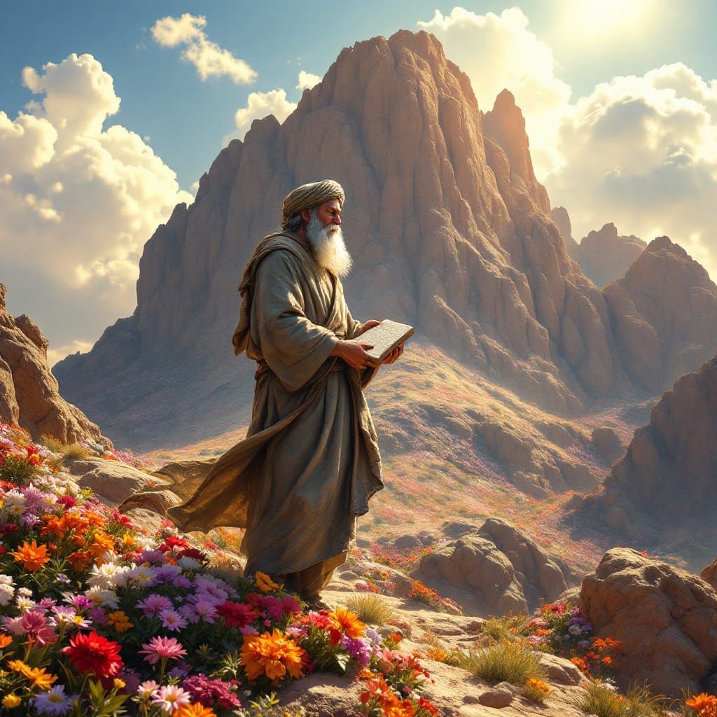 Biblical Scene of Mount Sinai with Vibrant Flowers and Golde...