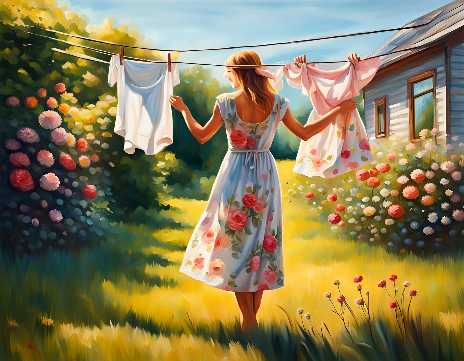 Sunny Laundry Day: Oil Painting of a Woman