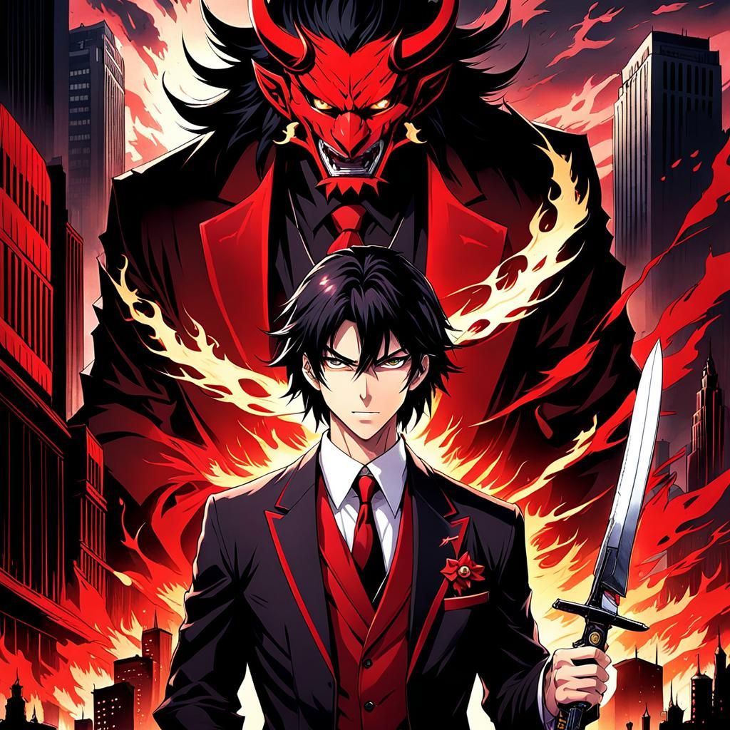 Man with Oni Mask and Bloody Knife in Anime Art