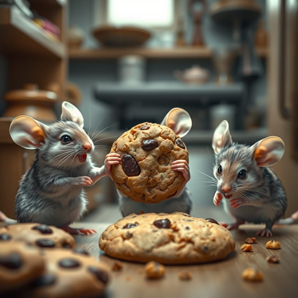 Mice Steal a Giant Cookie in Hyperrealistic Style